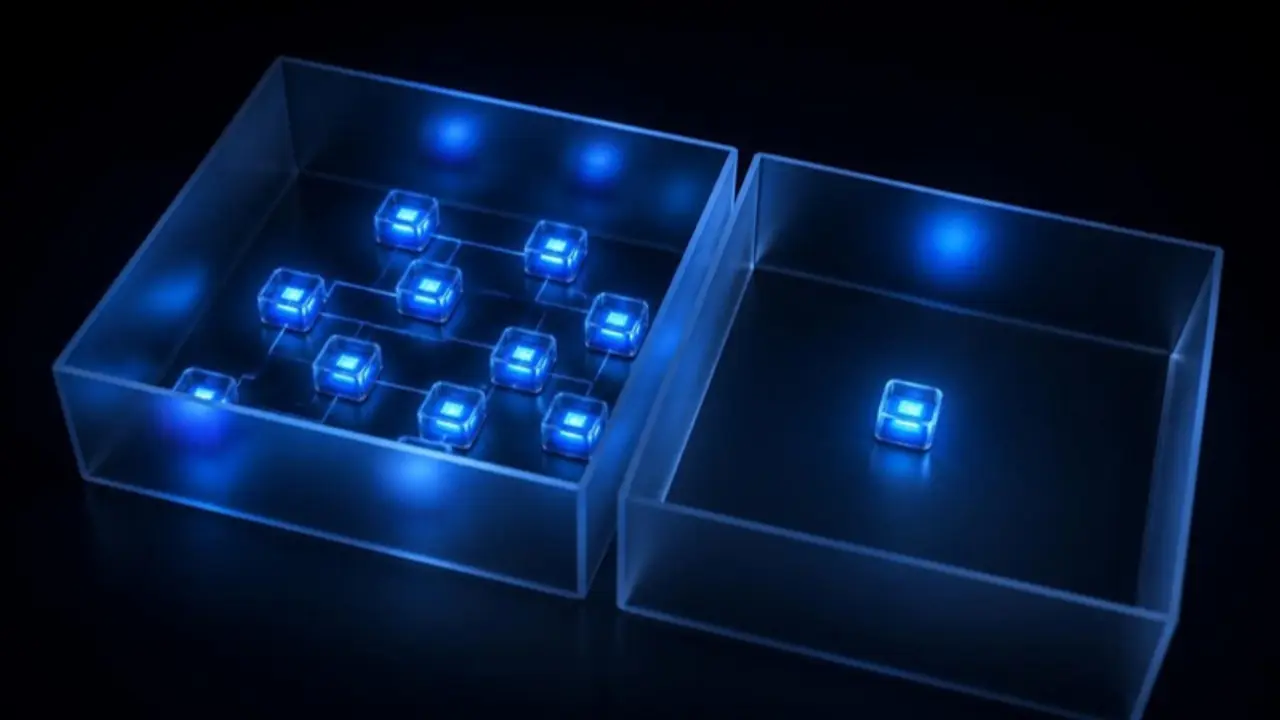 Two glass rooms: one with many connected glowing modules, one with a single module