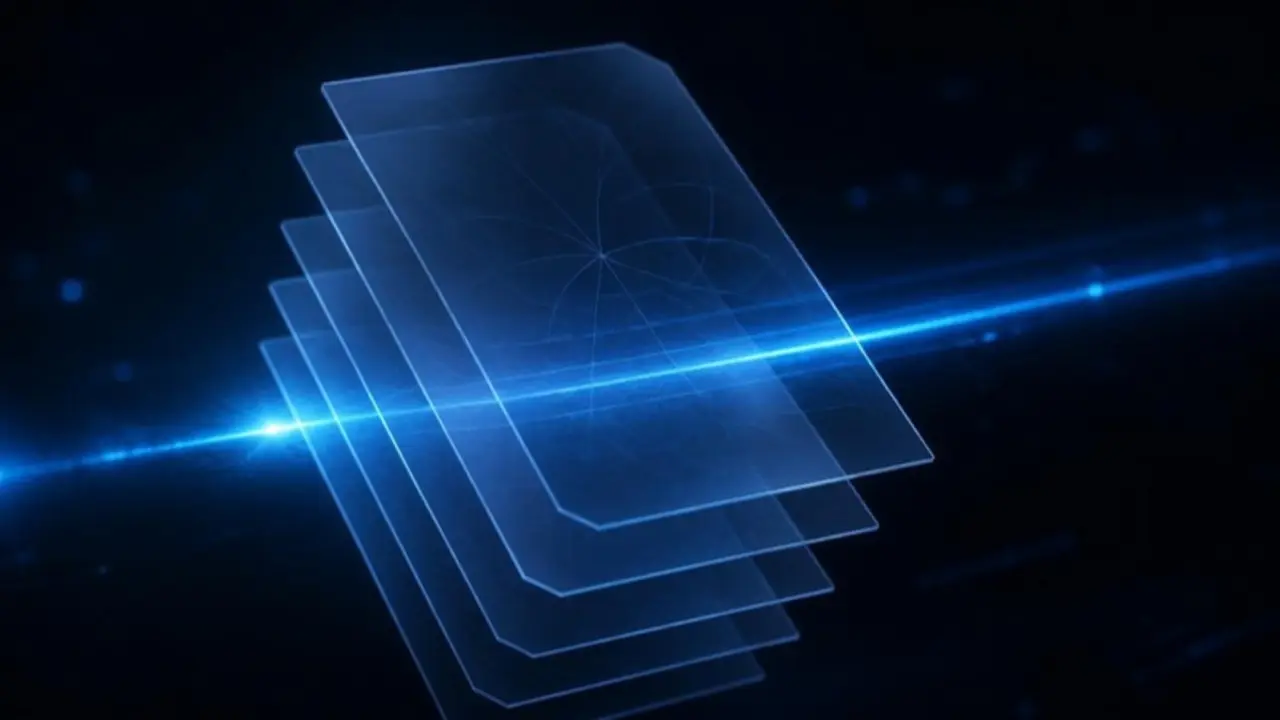 Stacked glass document sheets with a faint hidden pattern, crossed by a blue scanning beam
