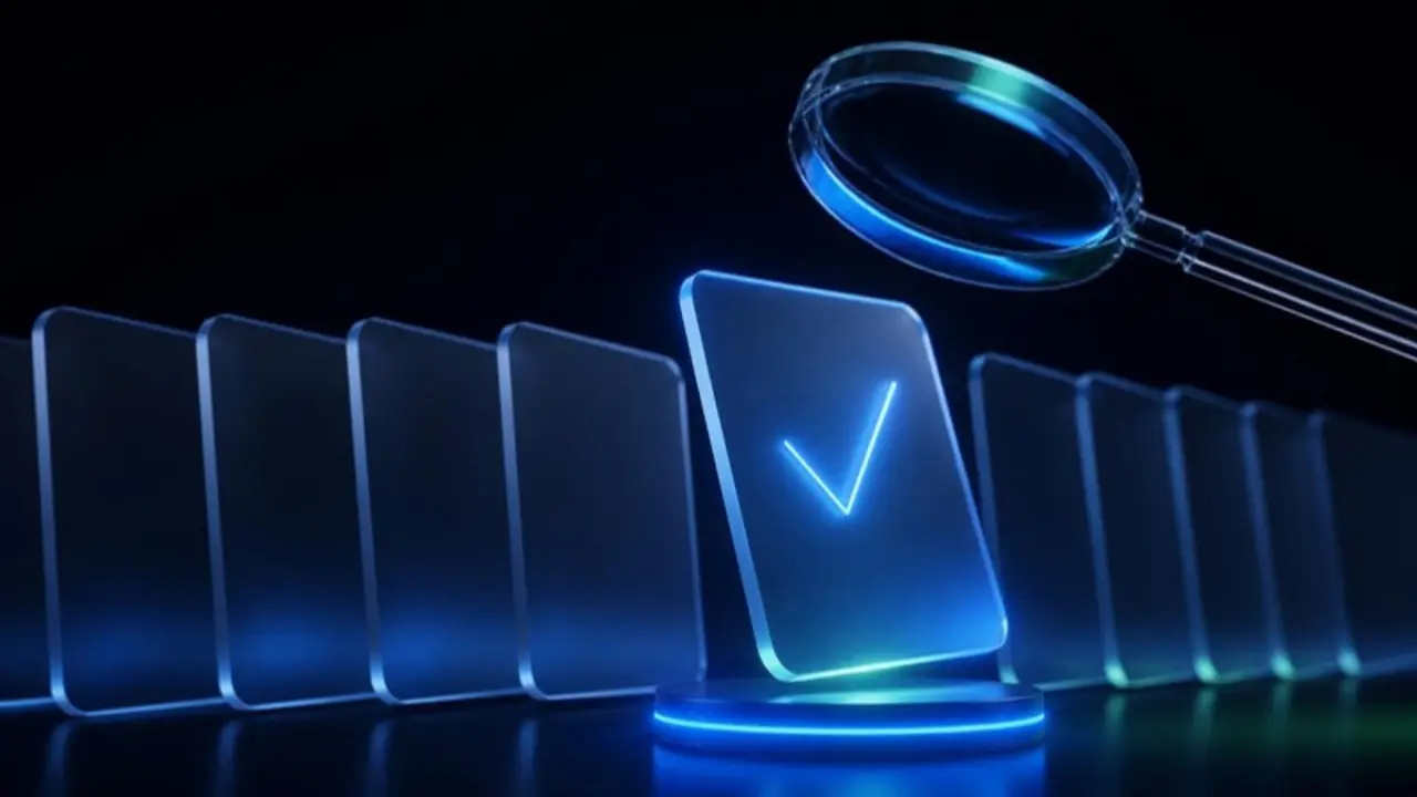 A row of glass evaluation cards with one lit up by a checkmark under a magnifying glass