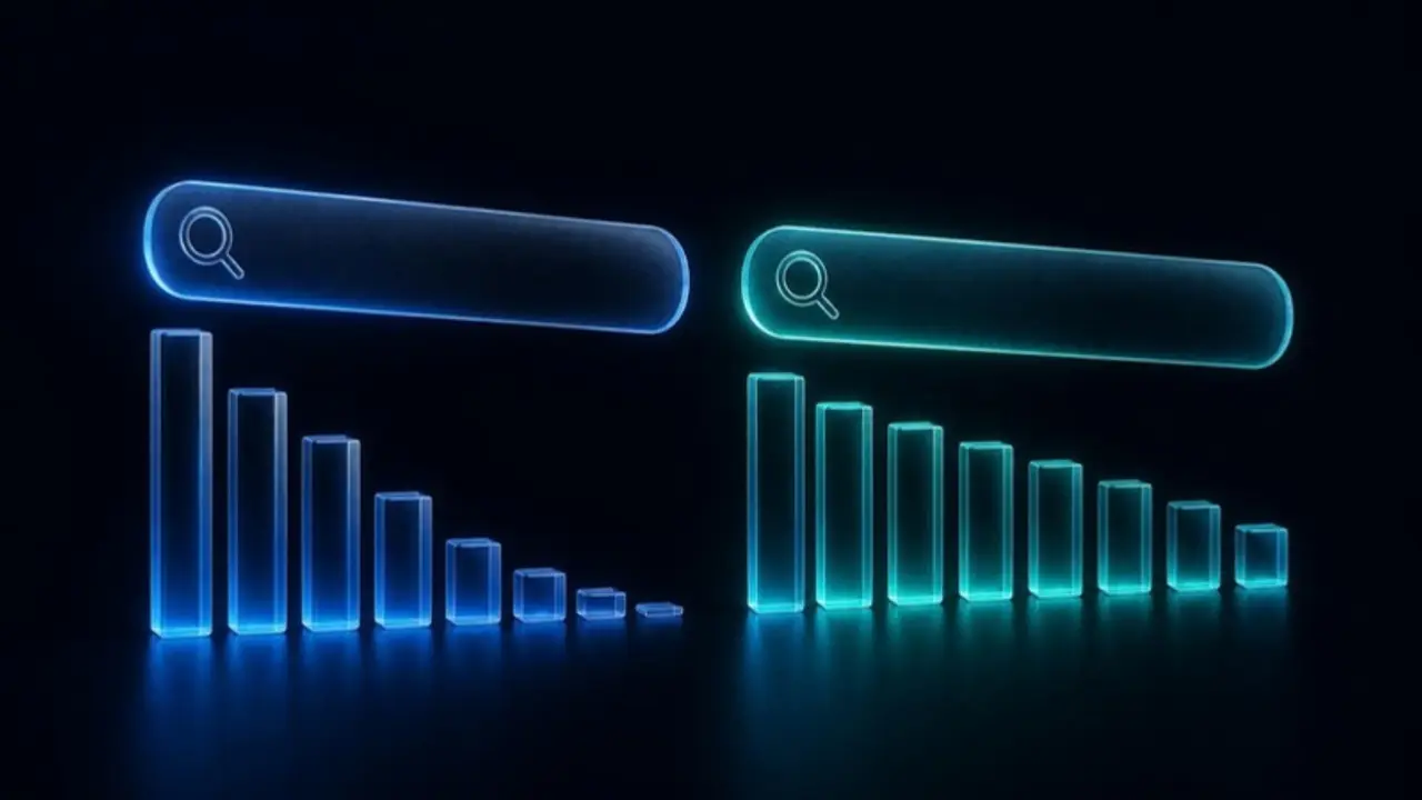 Two search bars side by side, each above a row of bars declining at a different rate