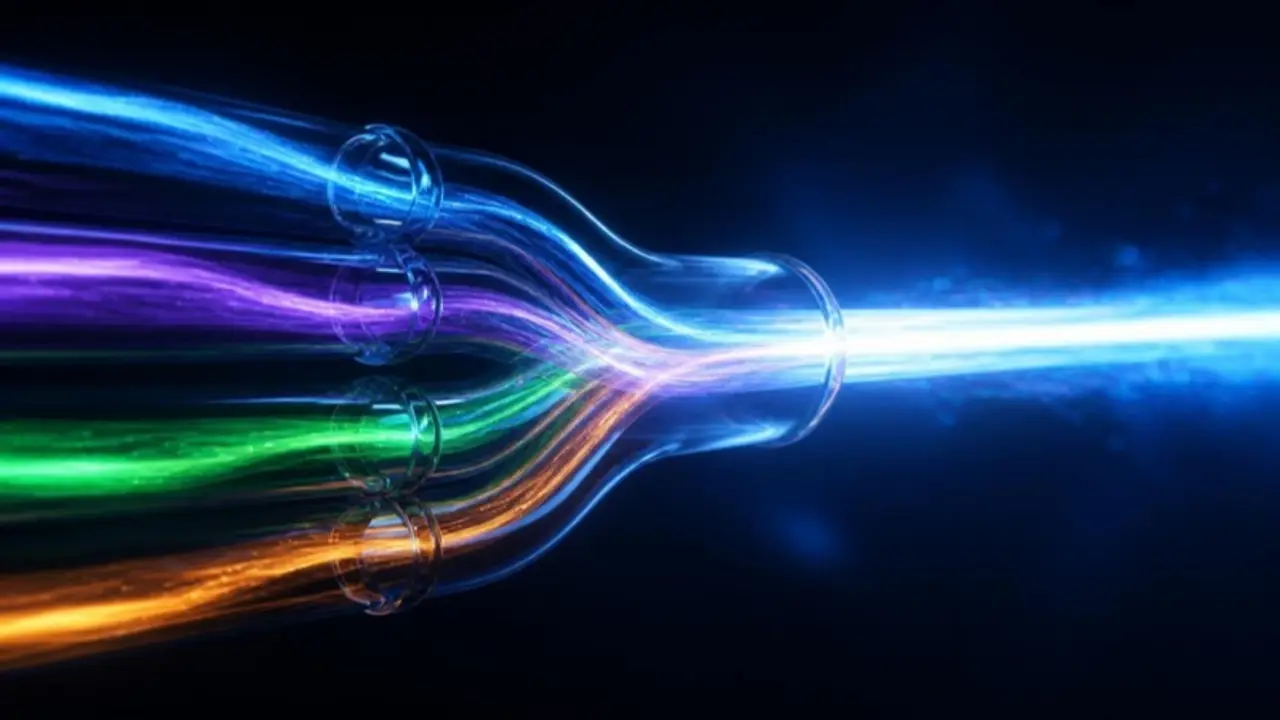 Separate coloured light streams flowing through glass tubes and merging into one beam
