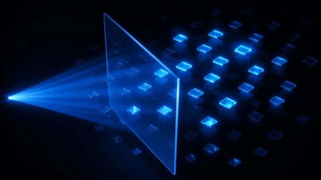 A cone of light passing through a glass filter onto a field of keyword tiles, some lit and some filtered out