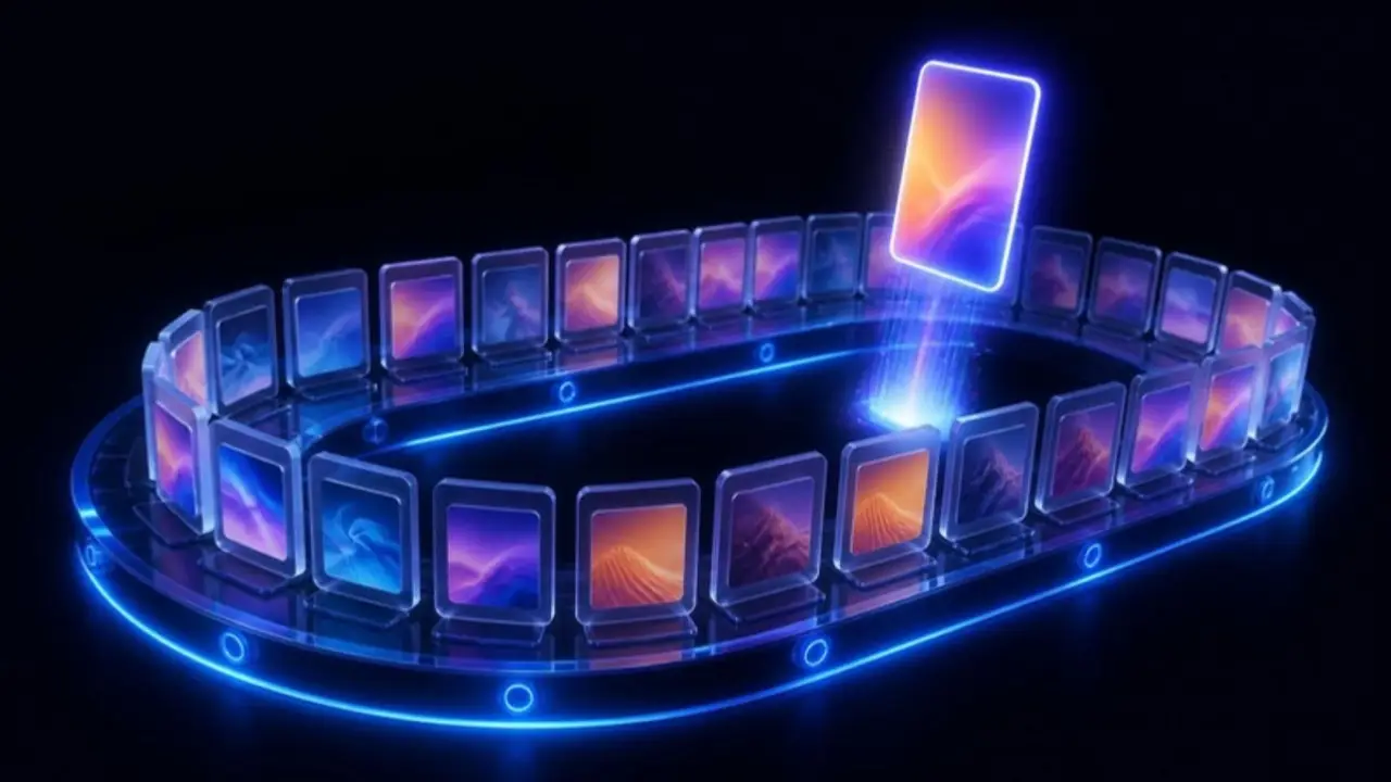 Ad creative cards moving on a looping track, with one lifted out and glowing as the winner