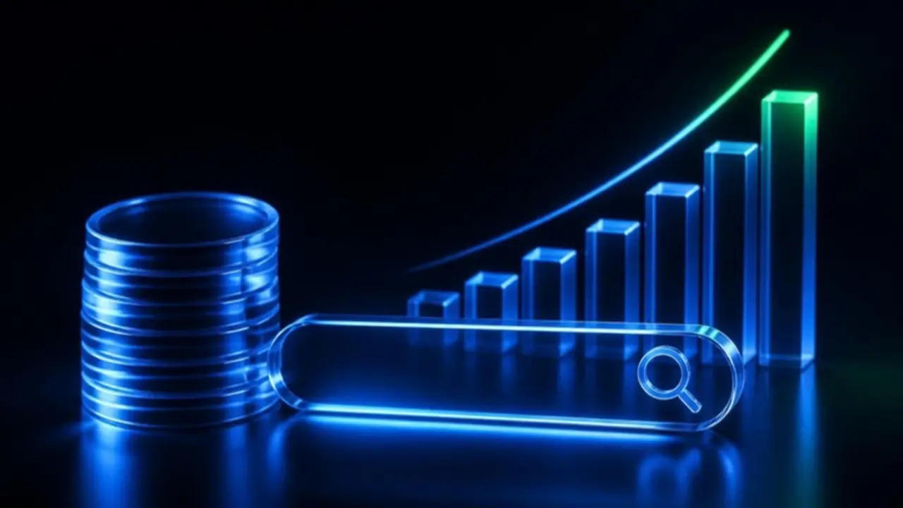 A stack of glass coins beside a search bar and a rising bar chart