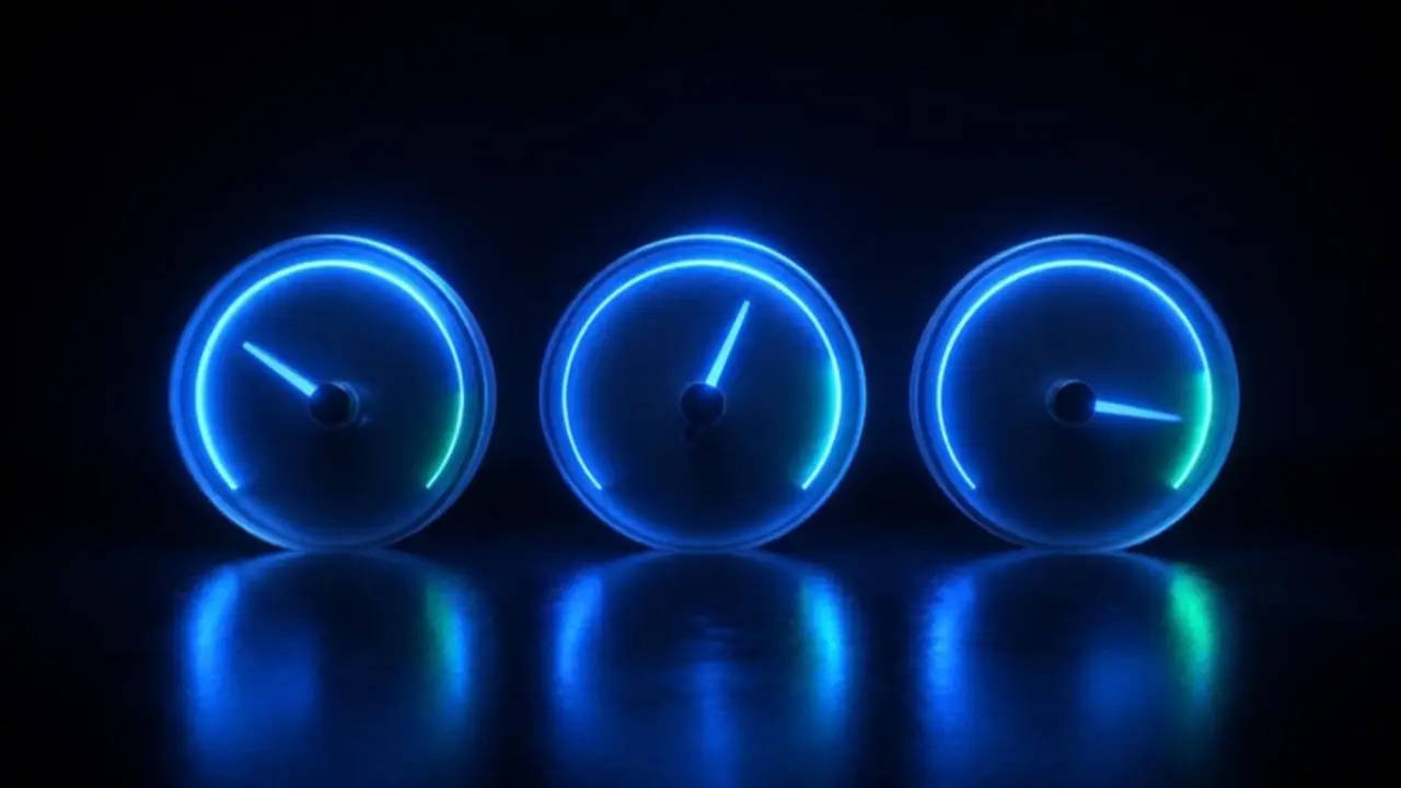 Three glowing gauge dials in a row on a dark reflective surface
