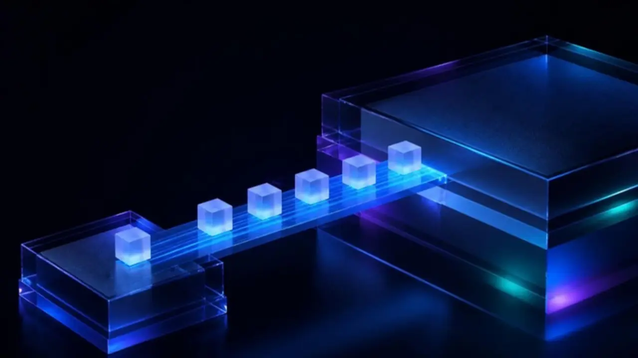 Glass boxes travelling along a glowing bridge from one platform block to a larger one