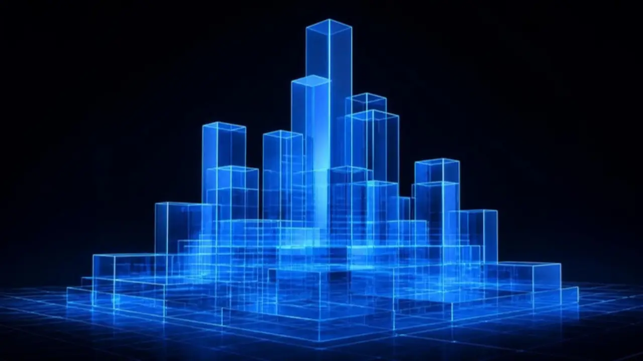 A blueprint-style skyline of stacked glass blocks representing campaign structure