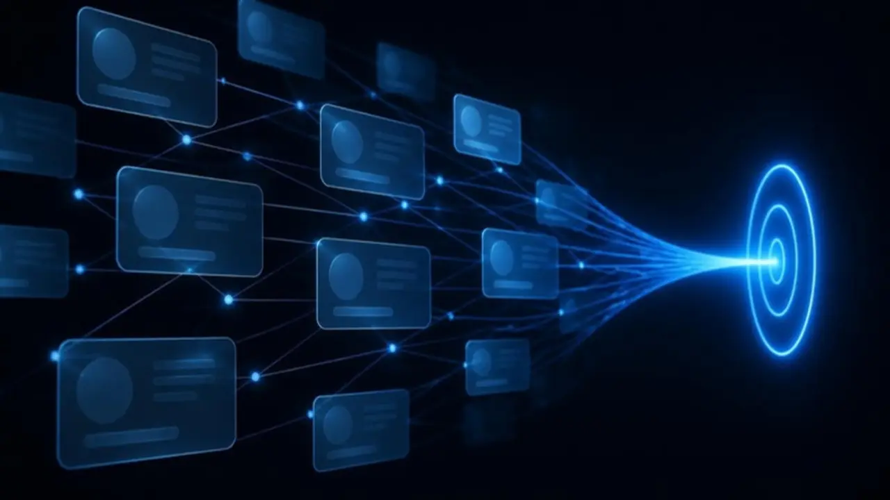 Glass professional profile cards linked by light lines, converging on a glowing target, illustrating LinkedIn B2B targeting
