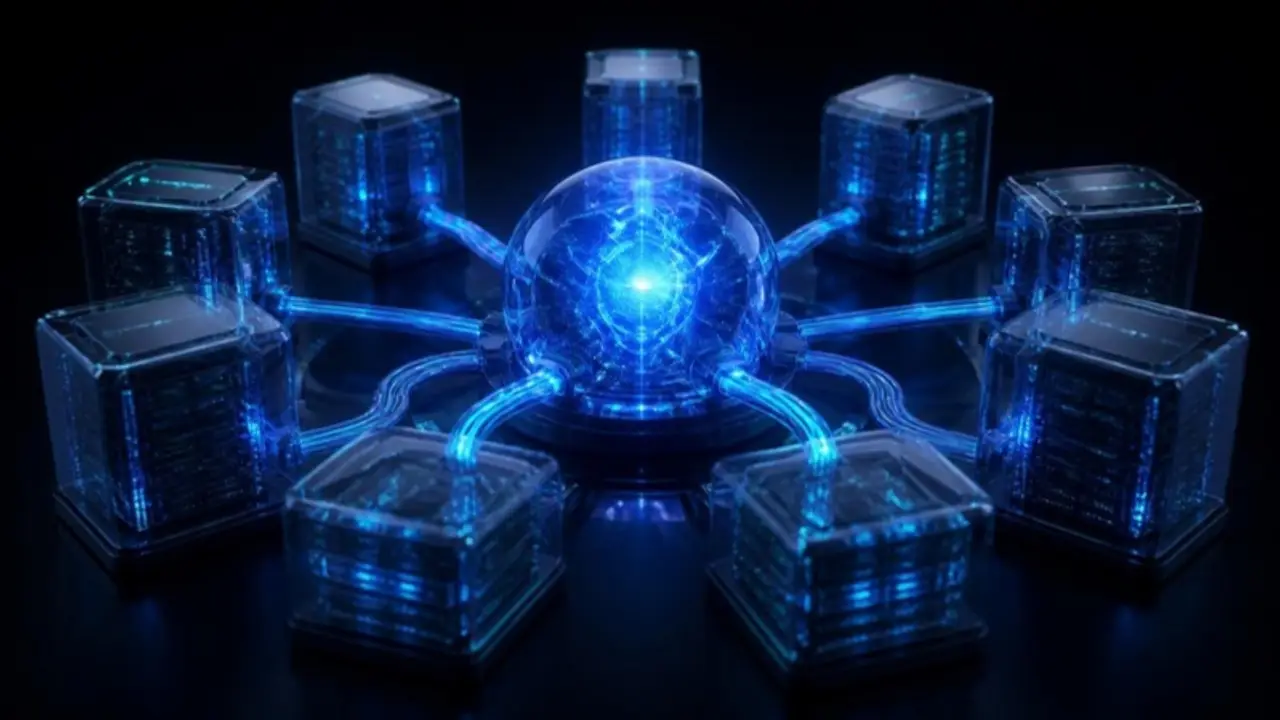 Glass server modules connected by glowing cables to a central AI core