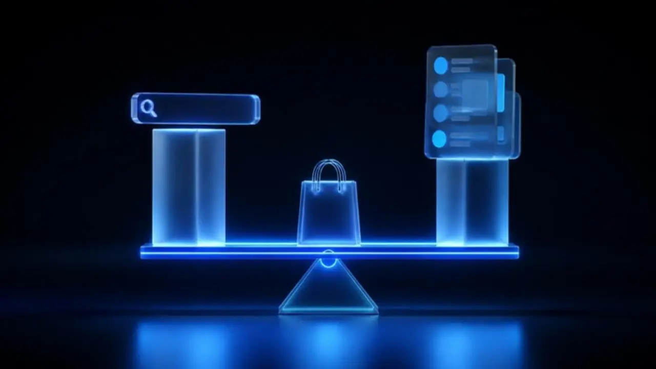 A glowing scale balancing a search bar against a stack of social ad cards, with a shopping bag in the middle