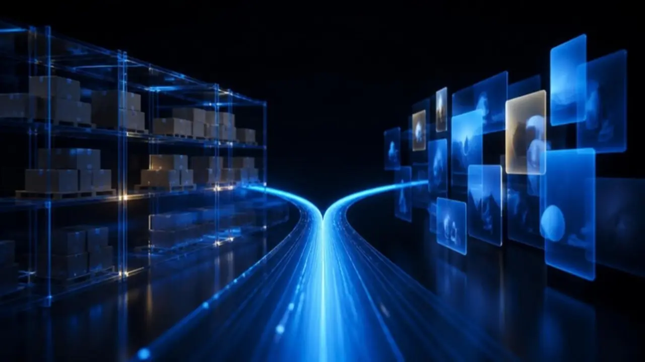 A light path splitting between warehouse shelves of parcels and a wall of floating ad cards