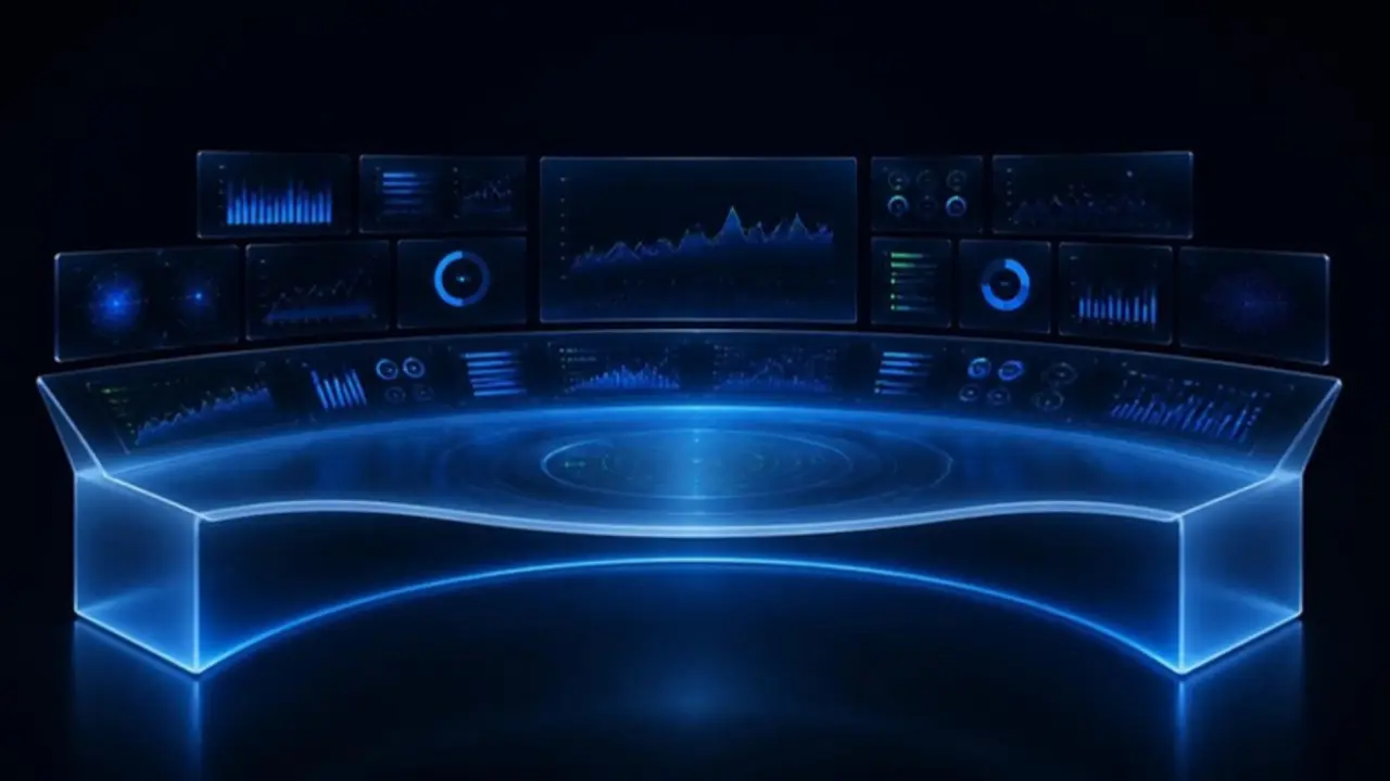 A curved glass control console lined with glowing marketing dashboards and charts