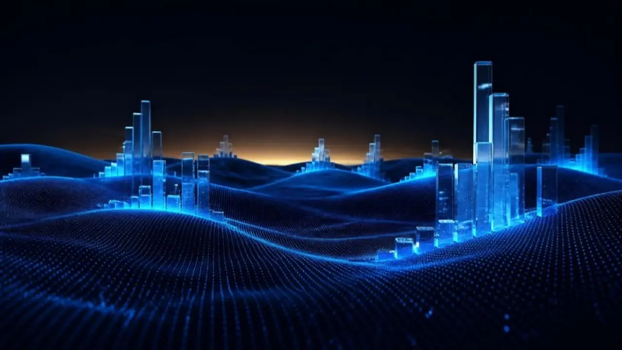 Desert dunes made of blue data points with glass bar charts rising from them