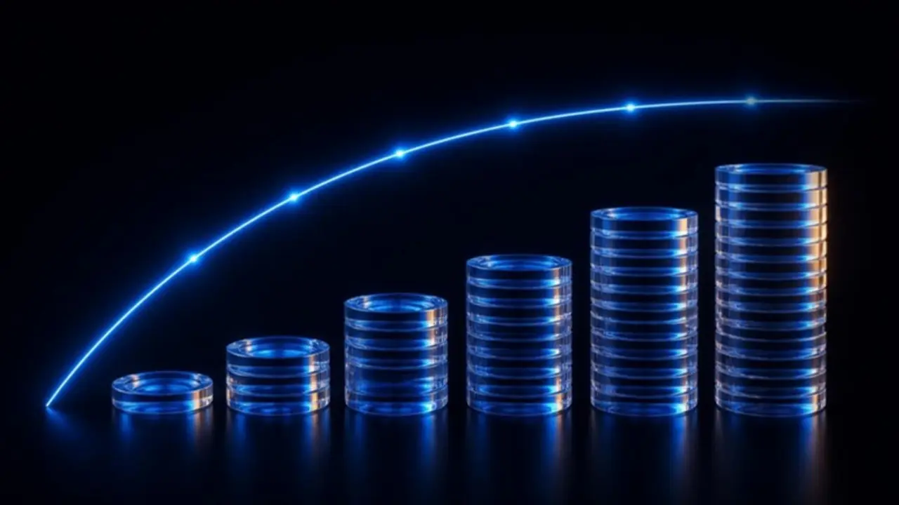 Glass coin stacks growing taller under a glowing curve that flattens out, showing diminishing returns