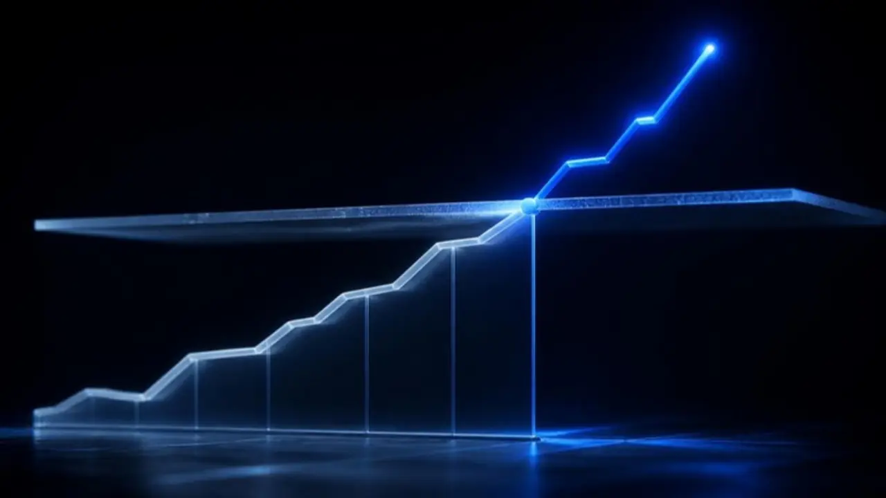 A glass line chart flattening under a ceiling while a new blue line breaks through and climbs