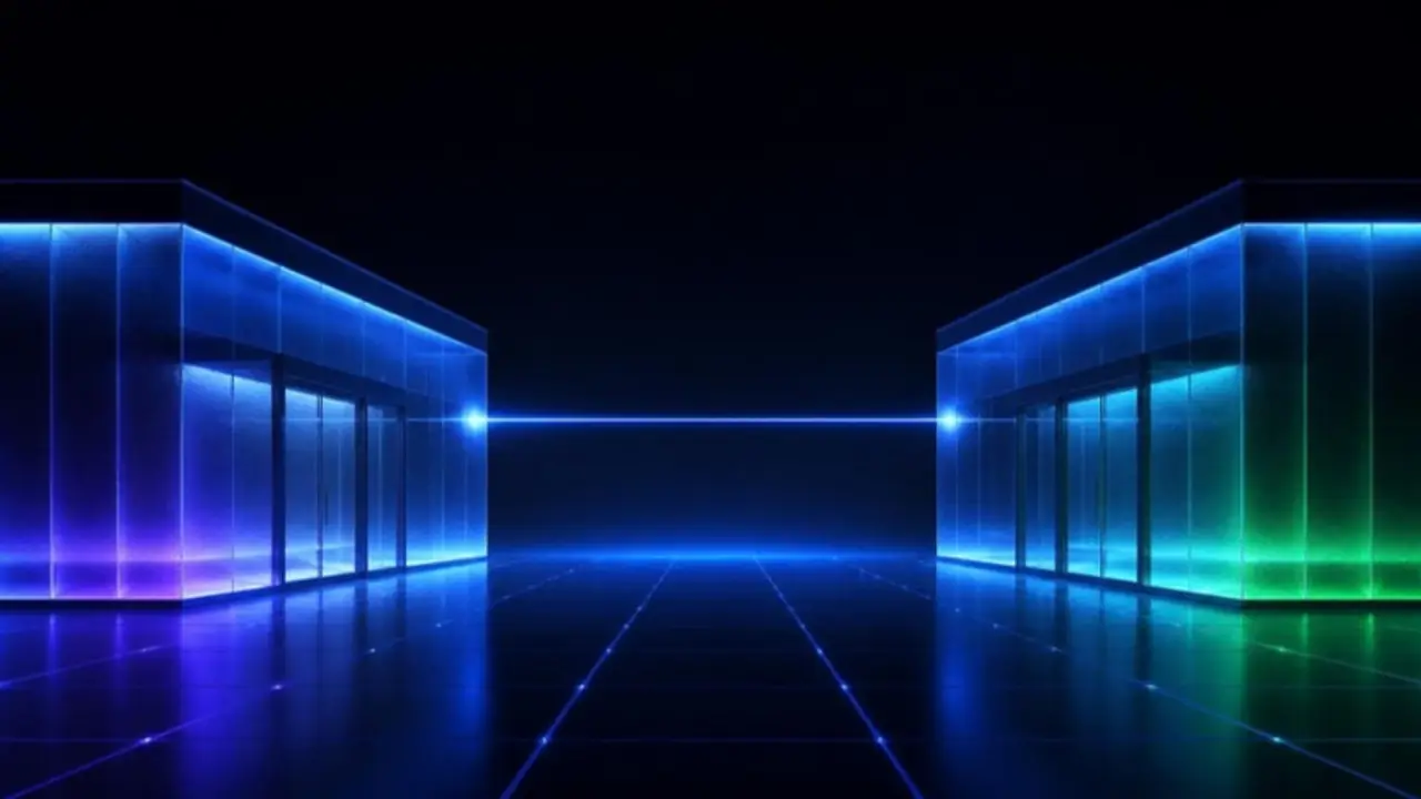 Two glass storefronts facing each other, connected by a thin beam of light