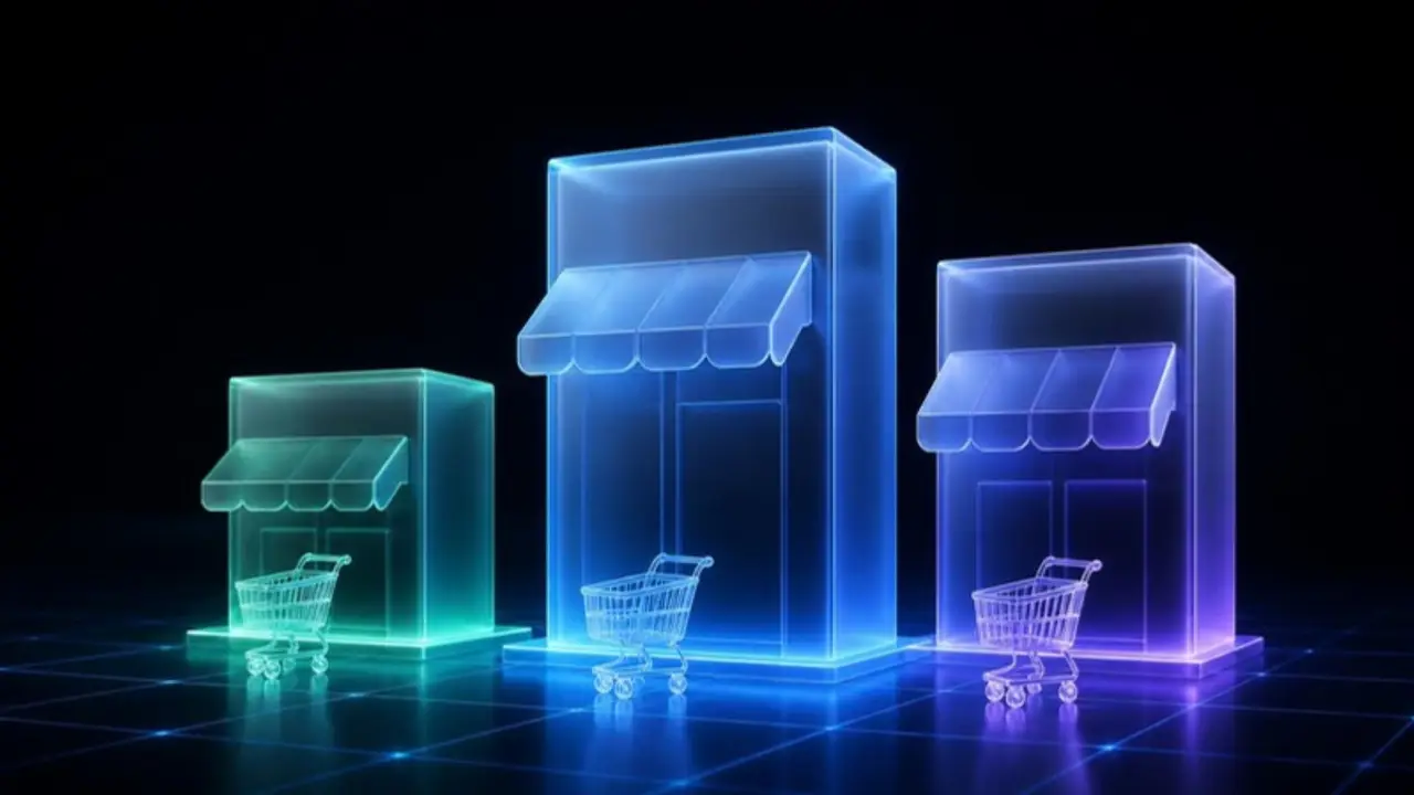 Three glass storefronts of different heights, each with a shopping cart, side by side