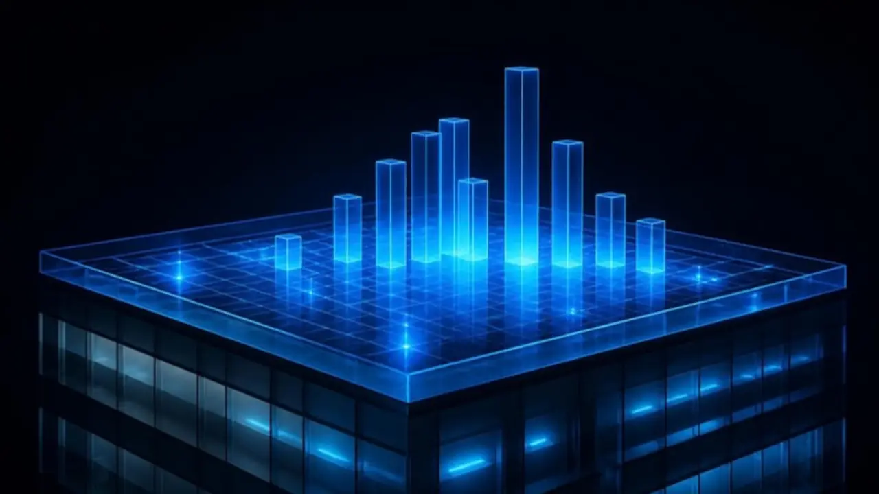 A glass commercial rooftop grid with glowing bar charts rising from it