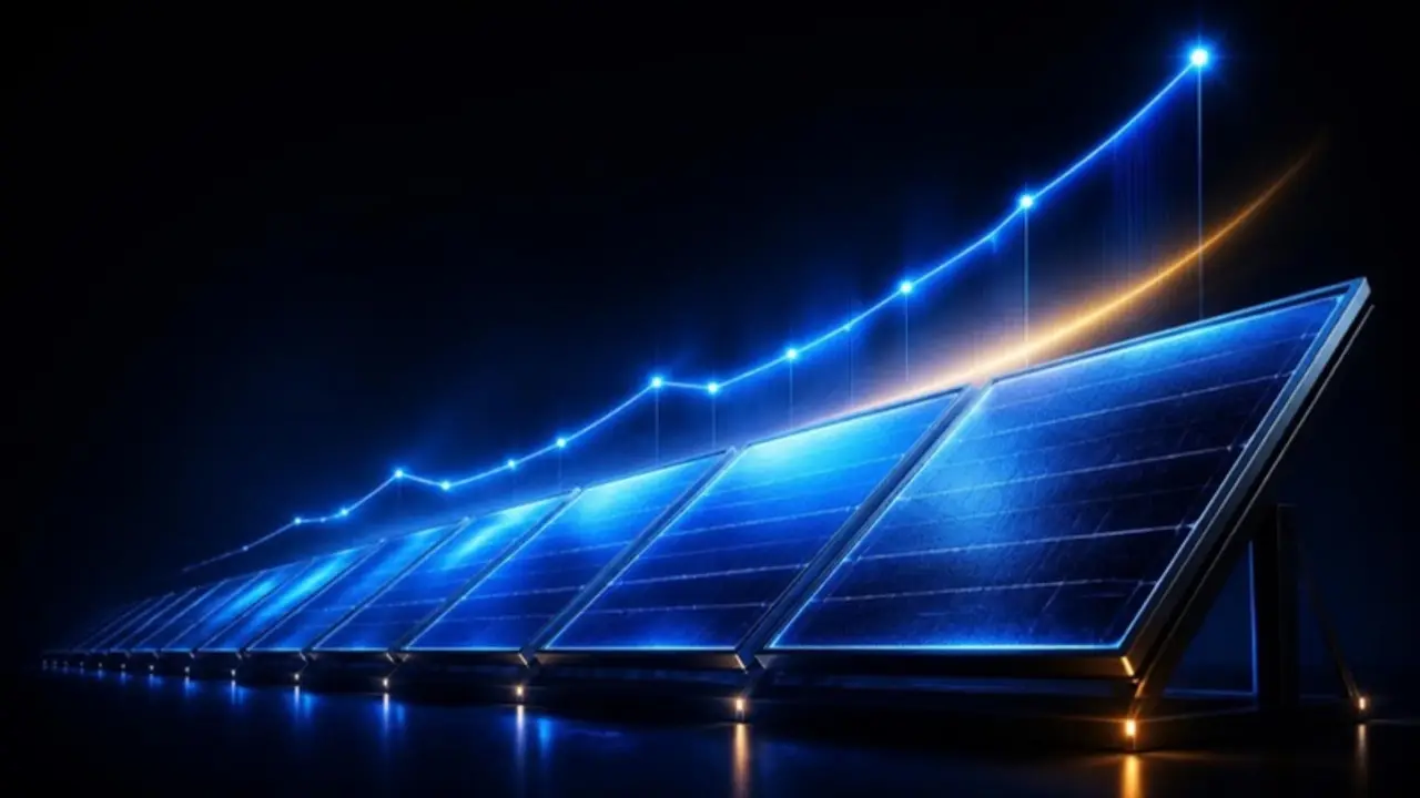 A row of solar panels under a glowing line chart climbing upward