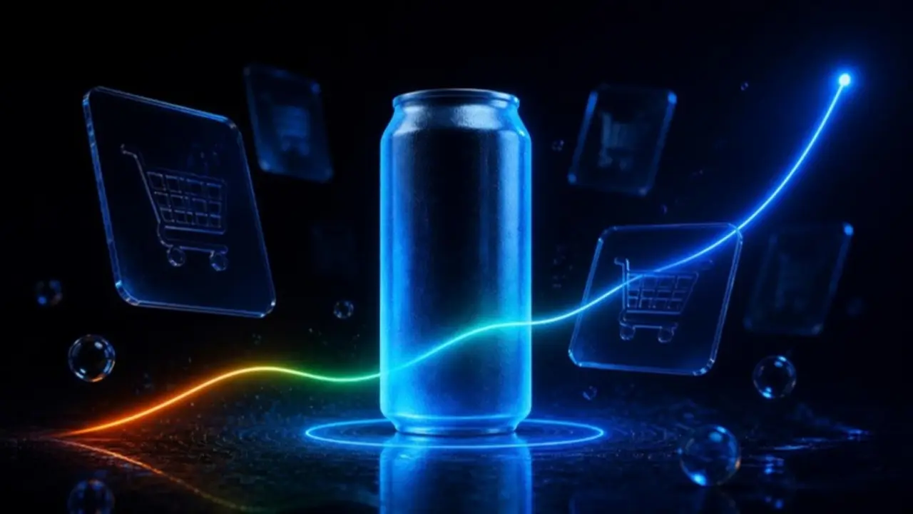 An unlabeled beverage can surrounded by floating shopping cards and a rising line