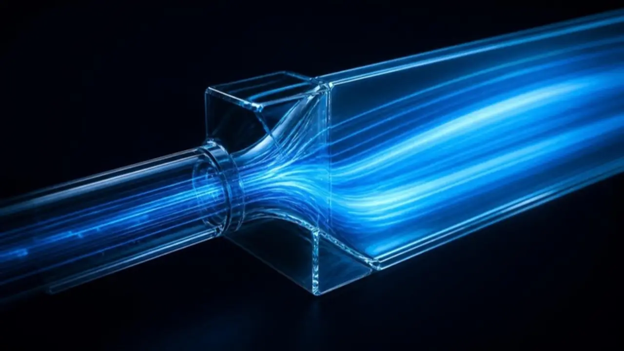 Blue light streams redirected from a narrow pipe into a wider, brighter channel