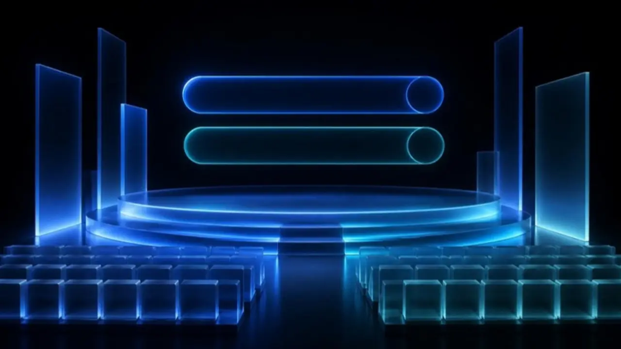 A glass event stage with rows of seats and two glowing search bars above it