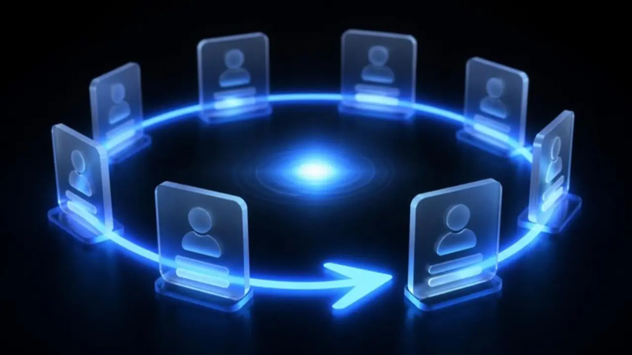A glowing loop arrow circling through a ring of professional profile cards, illustrating remarketing