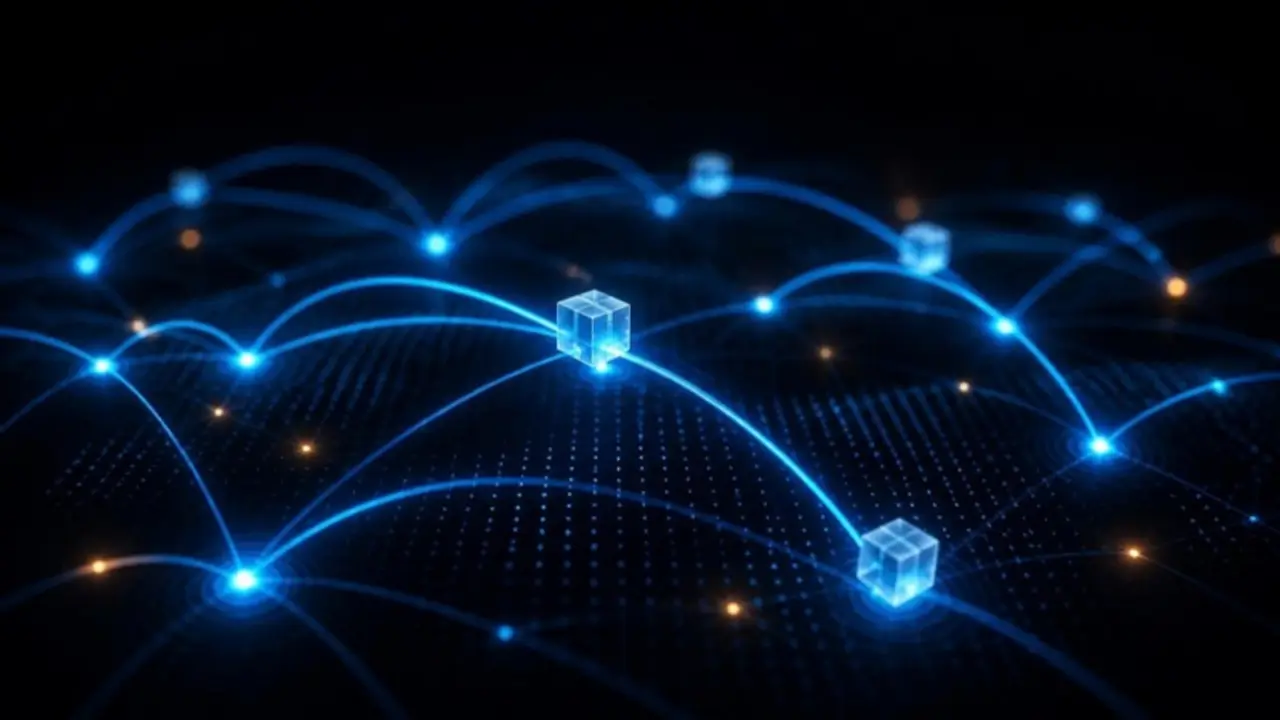 Glowing shipping route arcs across a dotted grid with parcel cubes moving along them