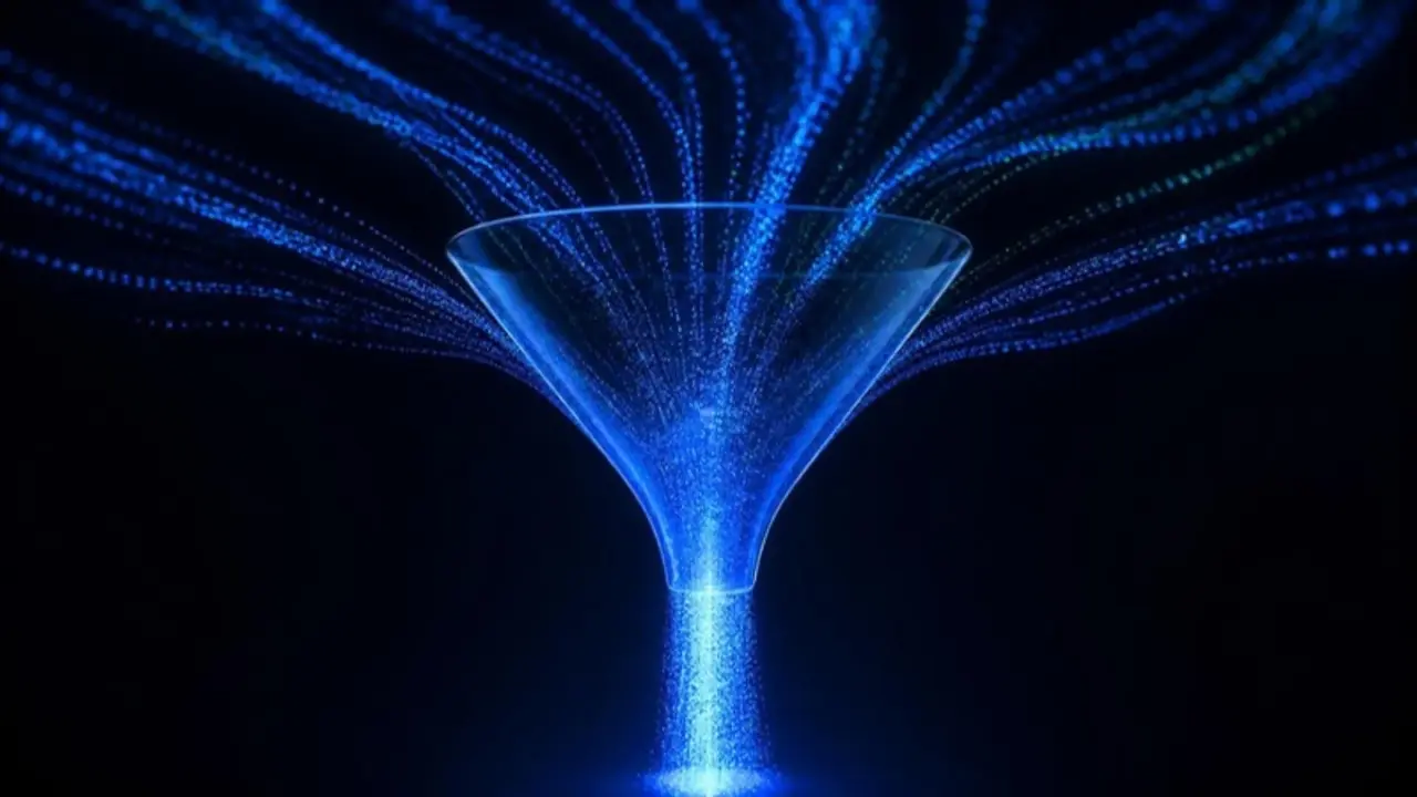 Streams of blue light particles pouring into a glass funnel and out as a dense beam