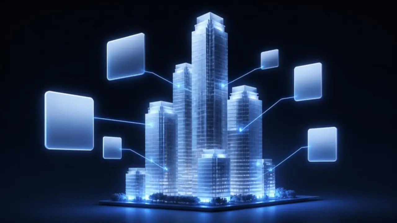 Glass residential towers connected by light lines to floating ad cards